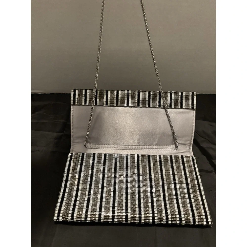 Sondra Roberts Silver Black Rhinestone Stripe Clutch Chain Evening Bag[C]